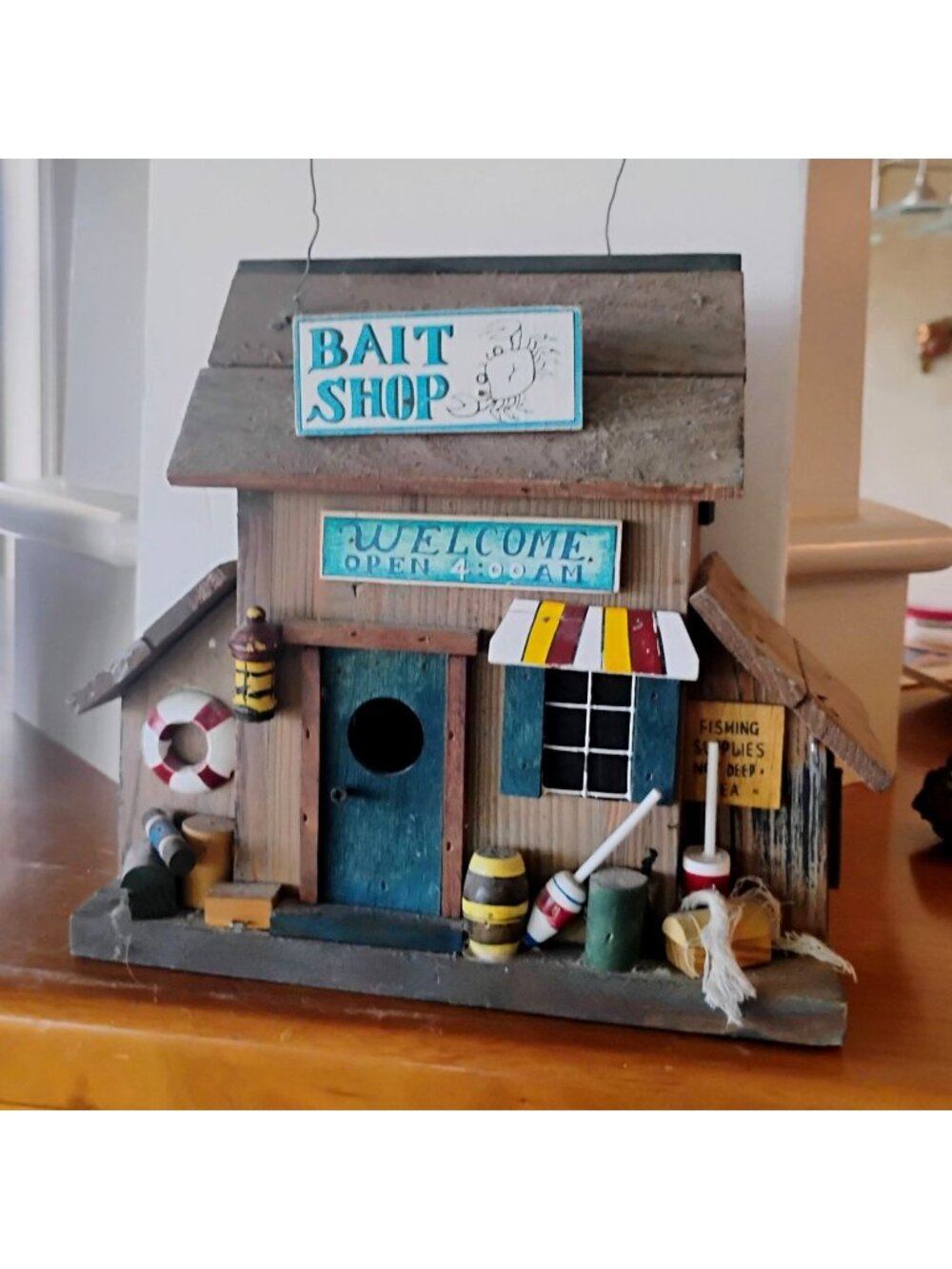 Vintage Look Folk Art Wood Fishing Bait Shop Bird House